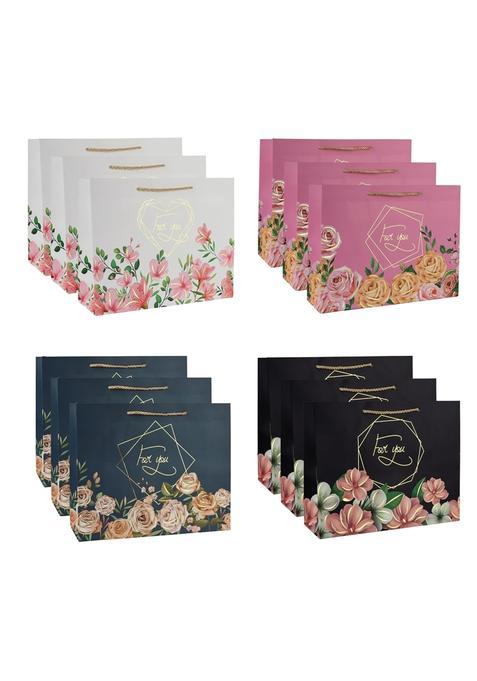 Lavya Medium Size Flower Print Gold Foil Work Paper Gift Bags Pack of 12