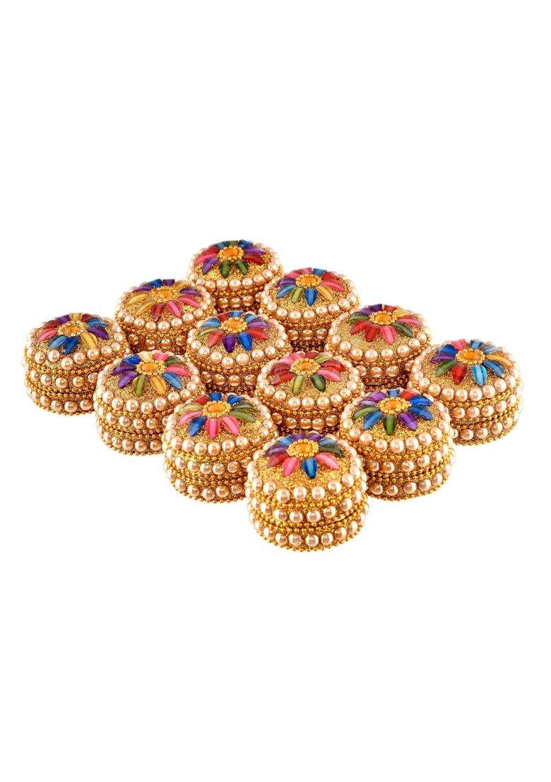 Craftam Golden Aluminum Sindoor Daani Kumkum Box Wedding Return Gifts Set of 24 - Indya