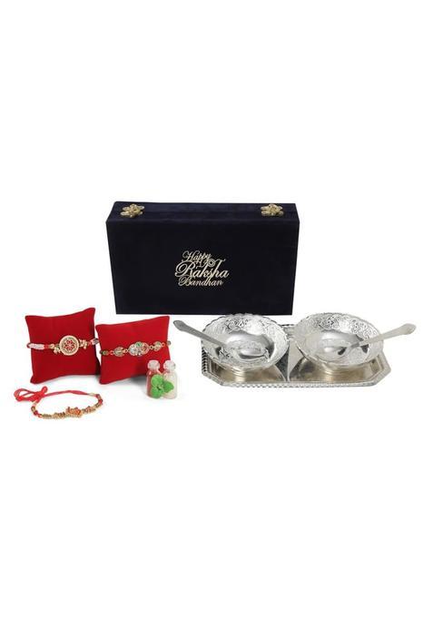 International Gift German Silver Handwork Bowl Spoon Tray or Carry Bag with Happy Raksha Bandhan Customized