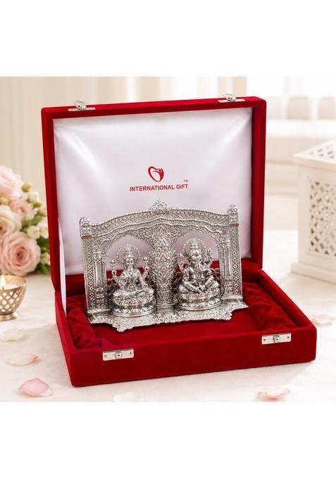 International Gift Silver Plated Laxmi Ganesh Murti with Premium Velvet Gift Box for Gifting with 1 Year