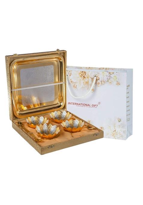 International Gift German Silver Plated Brass Round Bowl Set with Tray and Spoon with Velvet Box Used for Dry