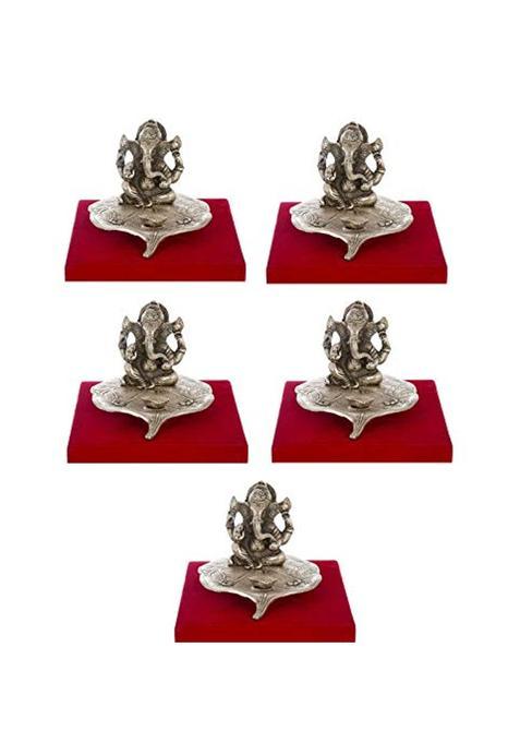 International Gift Silver Plated Lord Ganesha Sitting on Leaf with Diya Idol Oxidized Finish with Premium
