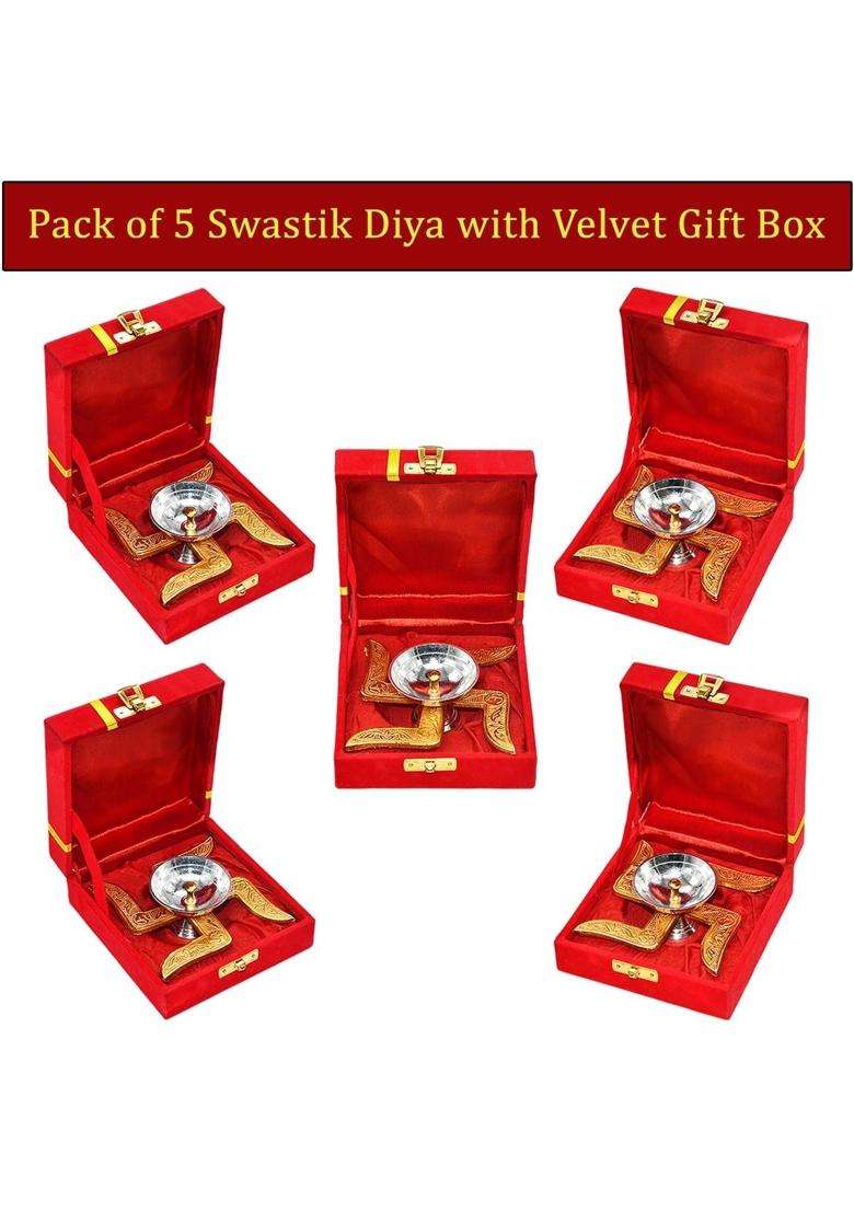 Saugat Traders Wedding Return Gifts for Guests Metal Swastik Diya with Box Gift for Friends Family Pack of 5 - Indya