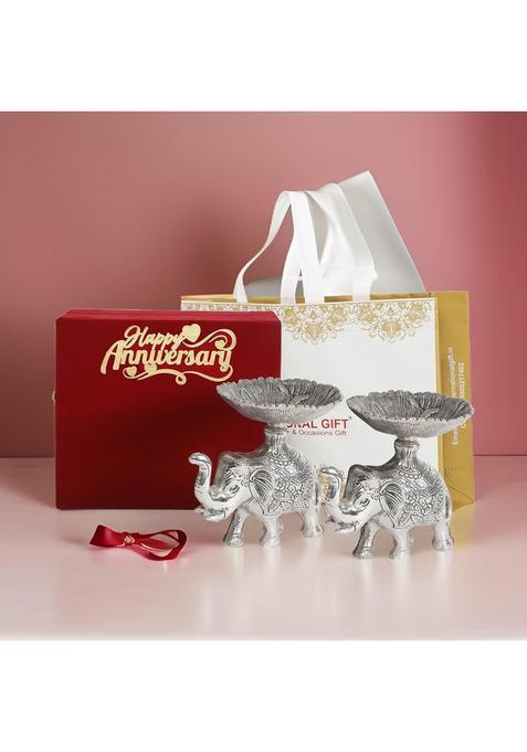 International Gift Silver Plated Elephant with Beautiful Happy Box and Carry Bag with 1 Year Set of 2