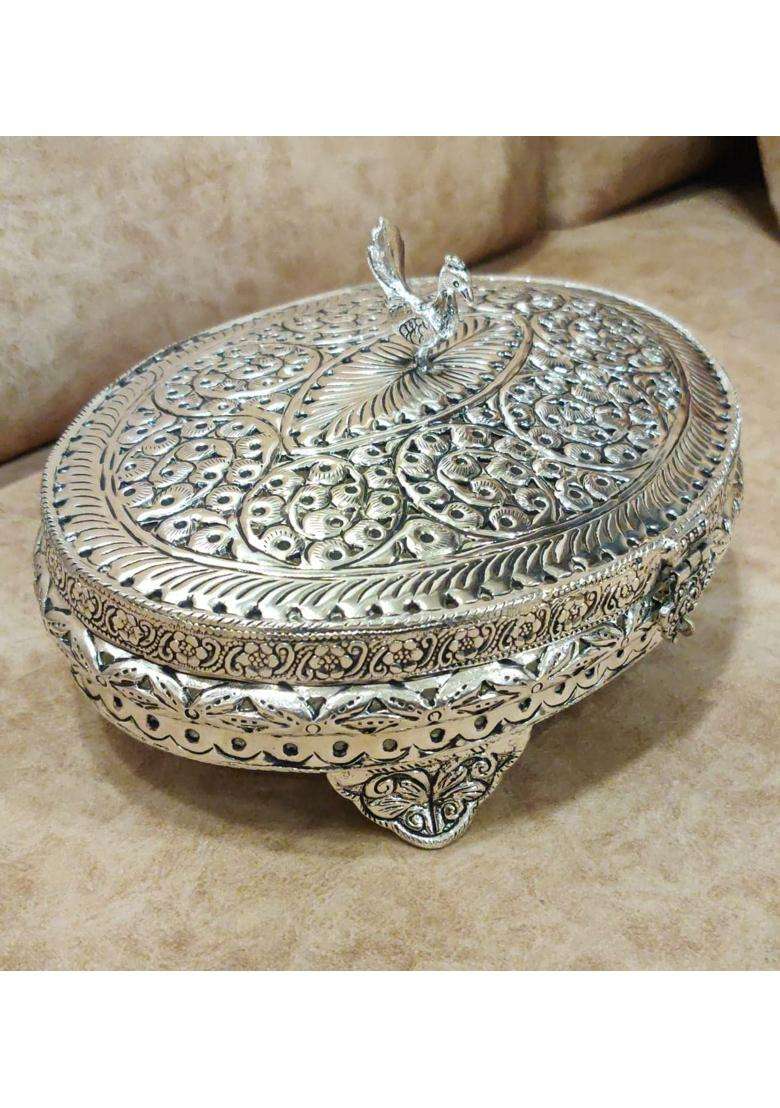 Mishita Collections German Silver Hand Engraved Heavy Peacock Gift Box with Improved Carving and Finish - Indya