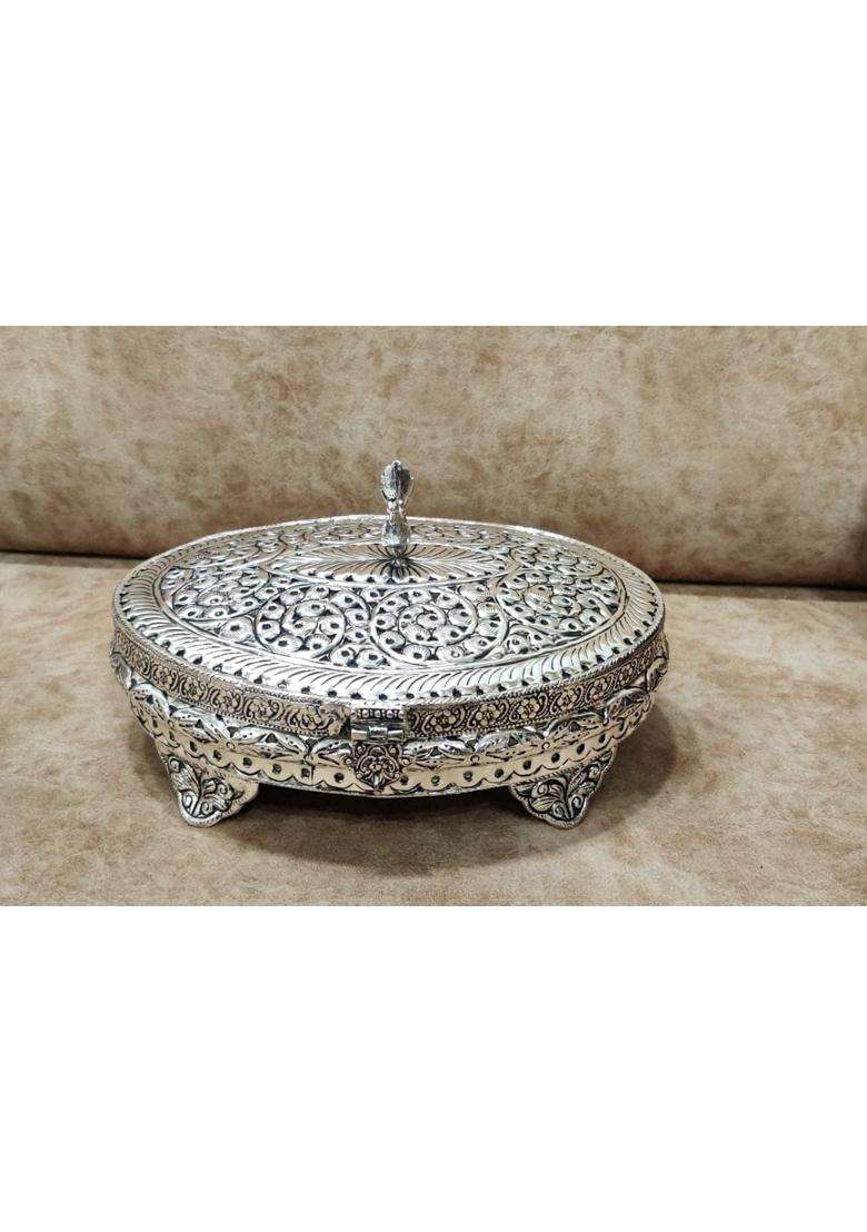 Mishita Collections German Silver Hand Engraved Heavy Peacock Gift Box with Improved Carving and Finish - Indya