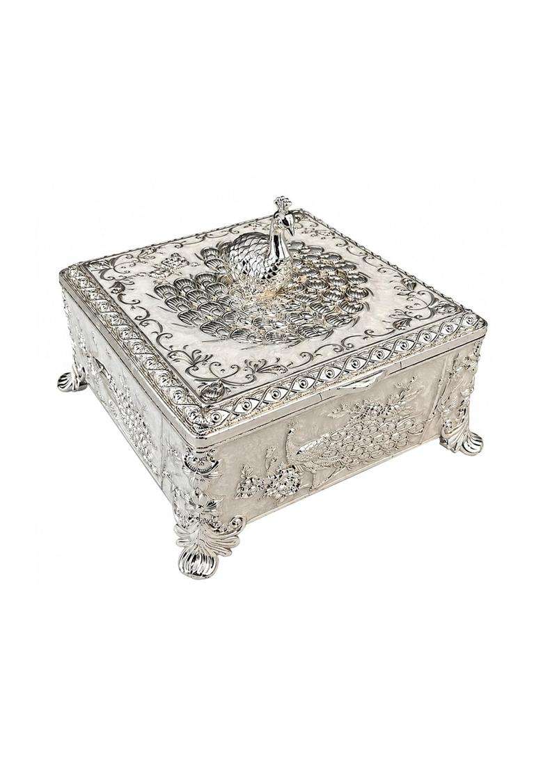 Diviniti Silver Plated Peacock Decorative Box with Premium Gift Box - Indya