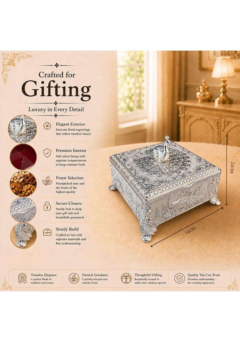 Diviniti Silver Plated Peacock Decorative Box with Premium Gift Box - Indya