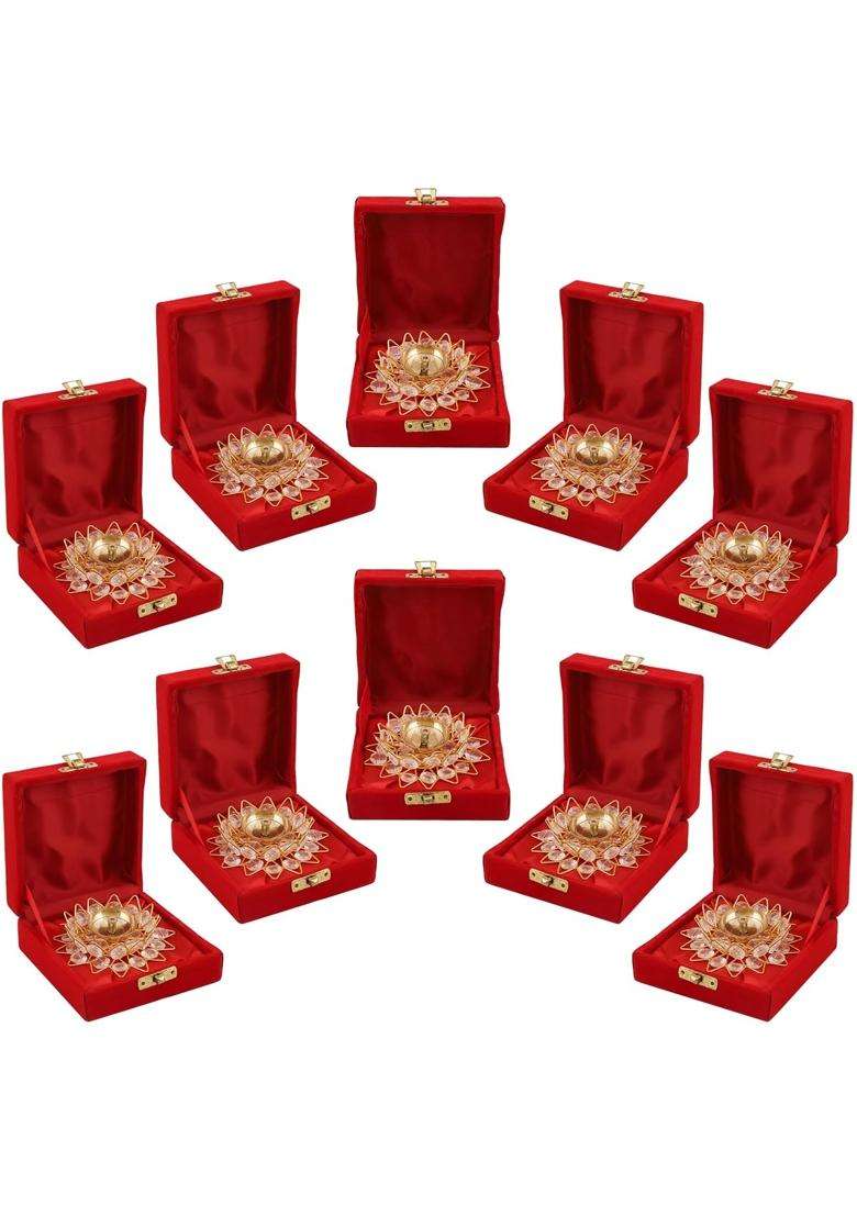 Saugat Traders Bulk Return Gifts for Puja Function Crystal Lotus Diya Gift Box Wedding Favours Pack of 10 - Indya