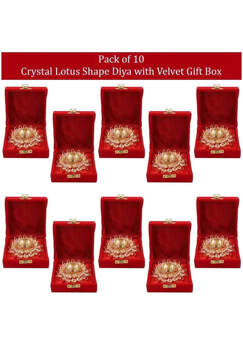 Saugat Traders Bulk Return Gifts for Puja Function Crystal Lotus Diya Gift Box Wedding Favours Pack of 10 - Indya