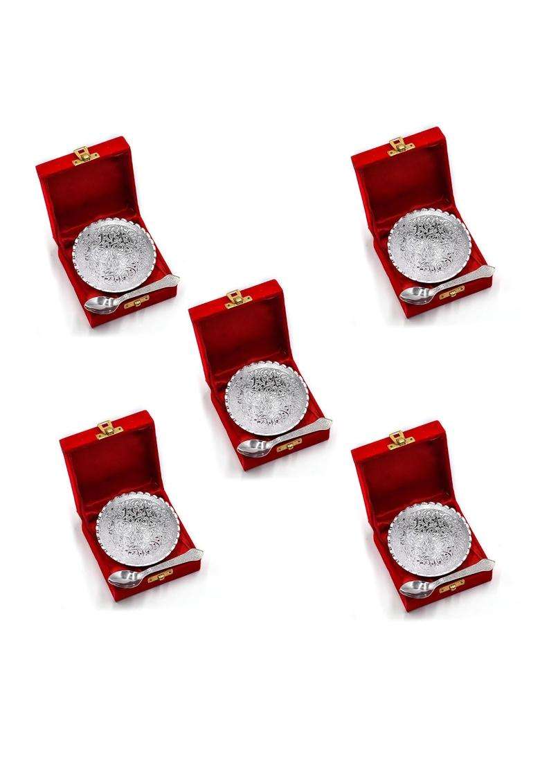 IGH German Silver 4 Inches Bowl Set with Red Velvet Box Return Gifts Housewarming Gifts Diya Set of 5 - Indya
