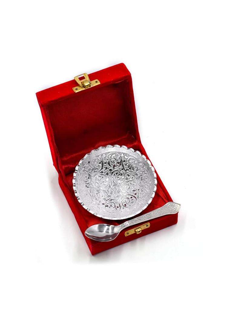 IGH German Silver 4 Inches Bowl Set with Red Velvet Box Return Gifts Housewarming Gifts Diya Set of 5 - Indya