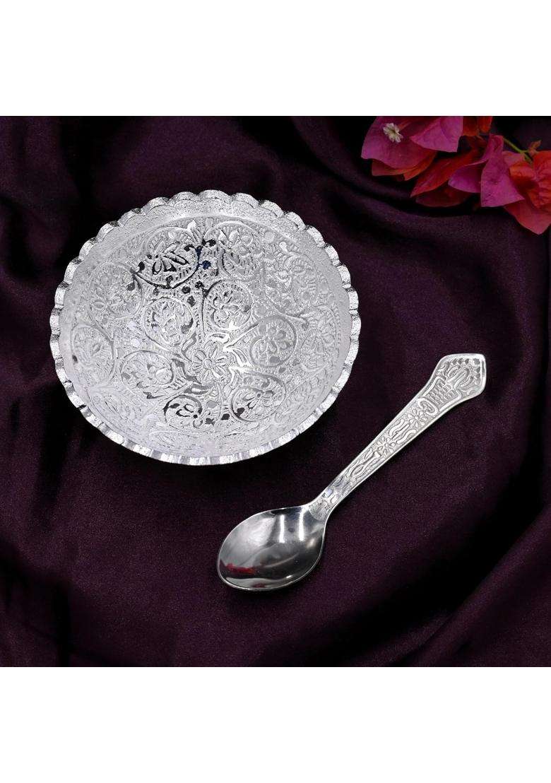 IGH German Silver 4 Inches Bowl Set with Red Velvet Box Return Gifts Housewarming Gifts Diya Set of 5 - Indya