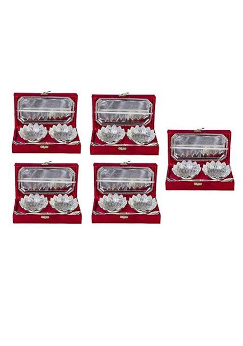 International Gift German Silver Round Bowl Set with Tray and Spoon with Carry Bag with Luxury Set of 5