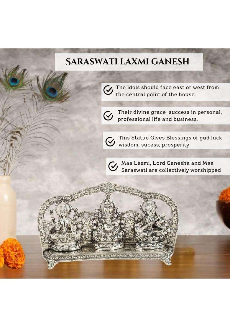 International Gift Silver Plated Laxmi Ganesh Saraswati Godidol Statue Oxidized Finish with 6 Piece Hand Diya - Indya