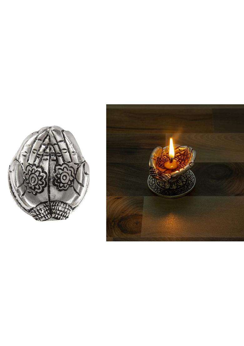 International Gift Silver Plated Laxmi Ganesh Saraswati Godidol Statue Oxidized Finish with 6 Piece Hand Diya - Indya