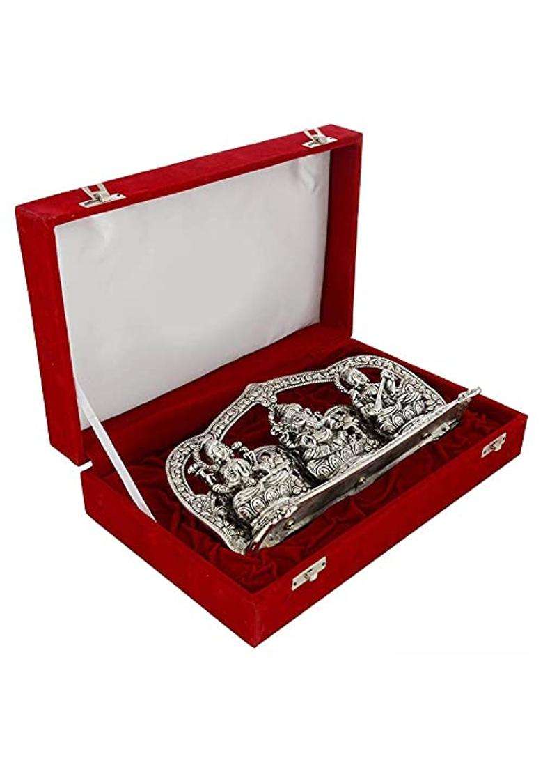 International Gift Silver Plated Laxmi Ganesh Saraswati Godidol Statue Oxidized Finish with 6 Piece Hand Diya - Indya