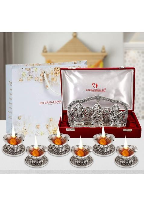 International Gift Silver Plated Laxmi Ganesh Saraswati Godidol Statue Oxidized Finish with 6 Piece Hand Diya