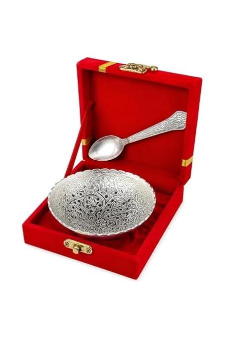 German Silver Bowl with Spoon 3 Point 75 Inch 120 ML Red Velvet Box Wedding Gifts Pack of 6