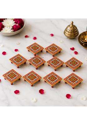 Handicrafts Paradise Multicolour 4 X 4 Inch Pc Marble Chowki with Intricate Floral Painting Home Set of 10