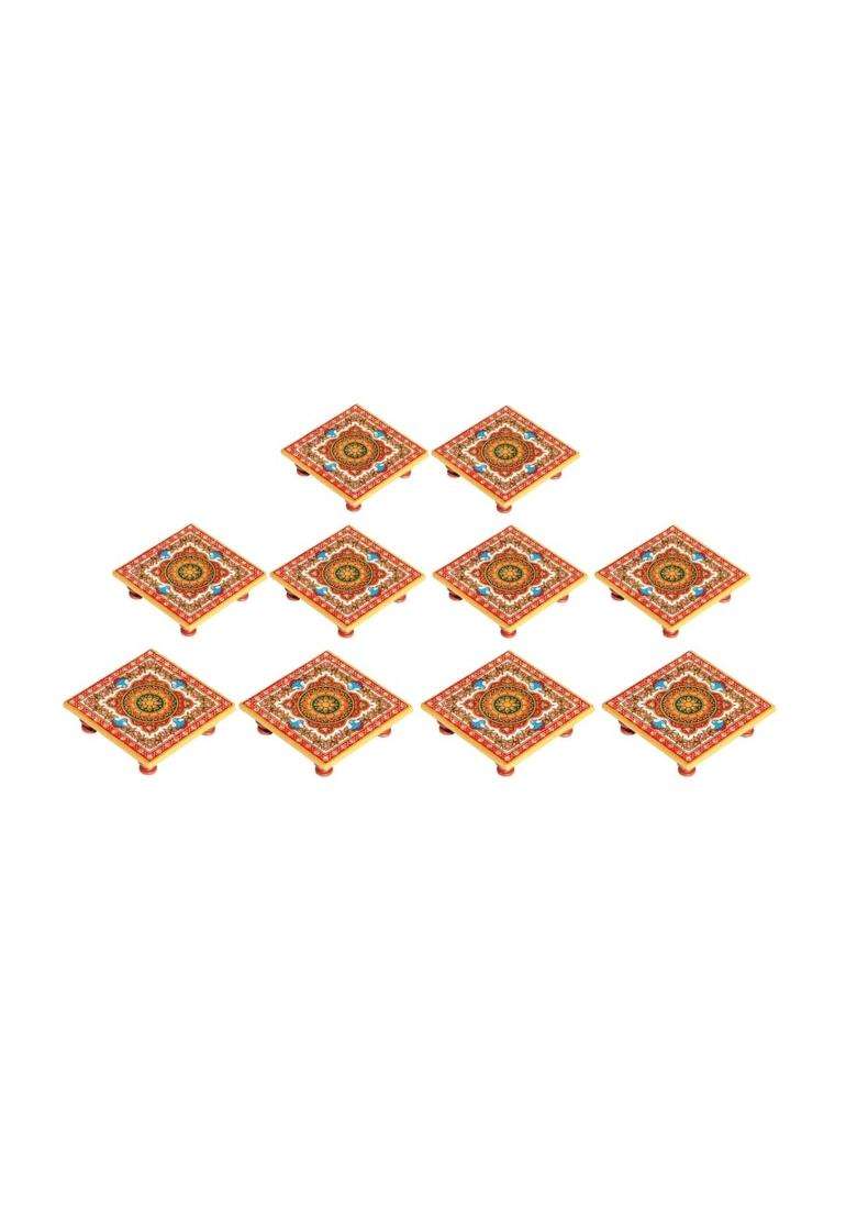 Handicrafts Paradise Multicolour 4 X 4 Inch Pc Marble Chowki with Intricate Floral Painting Home Set of 10 - Indya