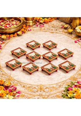Handicrafts Paradise 4 X 4 Inch Pc Marble Pooja Chowki with Kalash Multicolour Home Mandir Set of 10