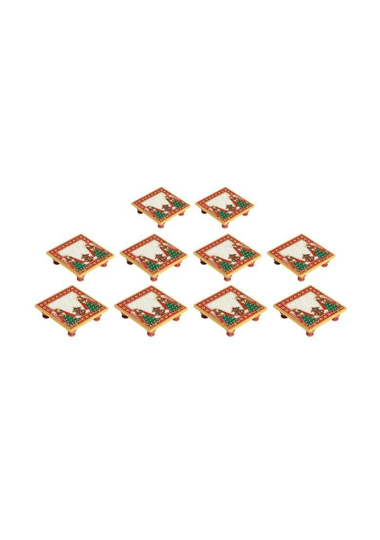 Handicrafts Paradise 4 X 4 Inch Pc Marble Pooja Chowki with Kalash Multicolour Home Mandir Set of 10 - Indya