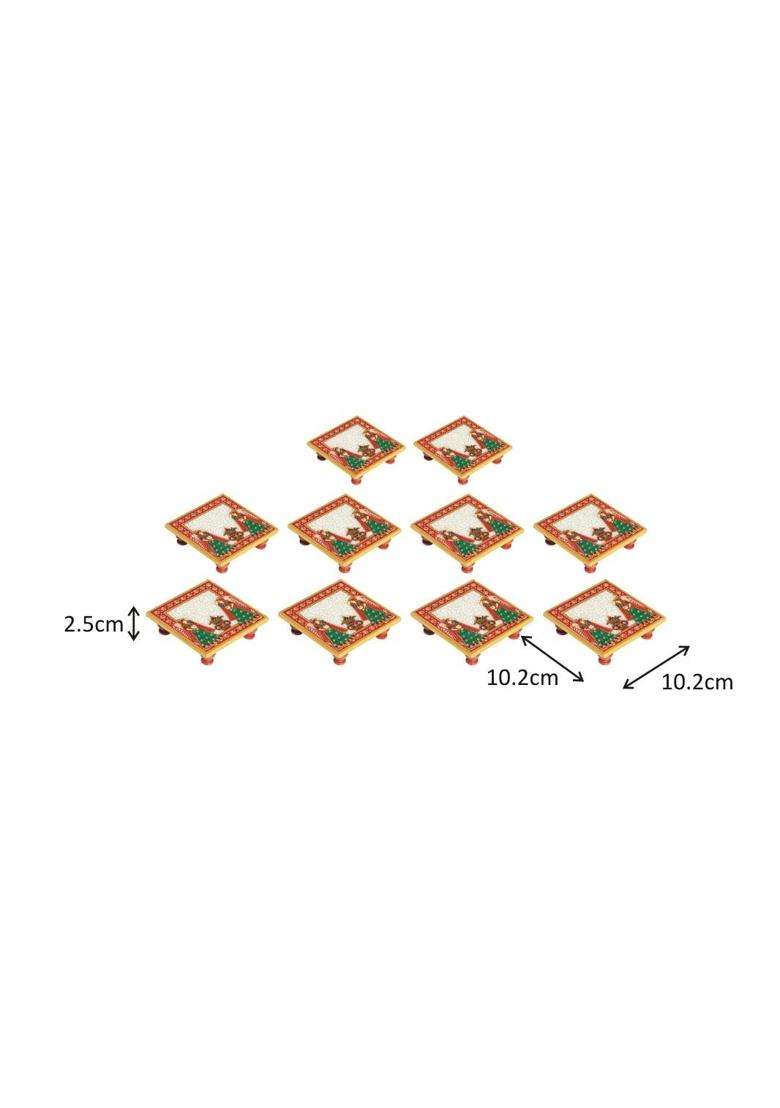 Handicrafts Paradise 4 X 4 Inch Pc Marble Pooja Chowki with Kalash Multicolour Home Mandir Set of 10 - Indya