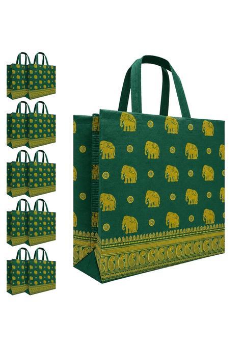 Cantainoo Gift Bags Medium Size Green Elephant Non Woven Return Gifts Bag for Adults and Kids Pack of 10