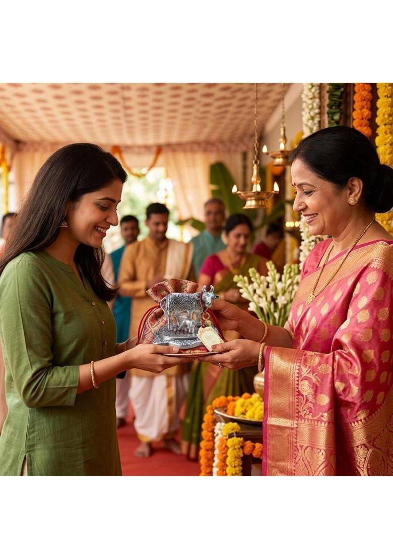 Saugat Traders Bulk Return Gifts for Pooja Kamdhenu Cow and Calf Statue for Puja Function Pack of 10 - Indya
