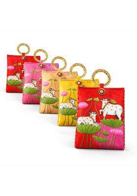 Visudh Pichwai Art Potli Bags with Beaded Handles for Wedding and Festive Gifting Pack of 6