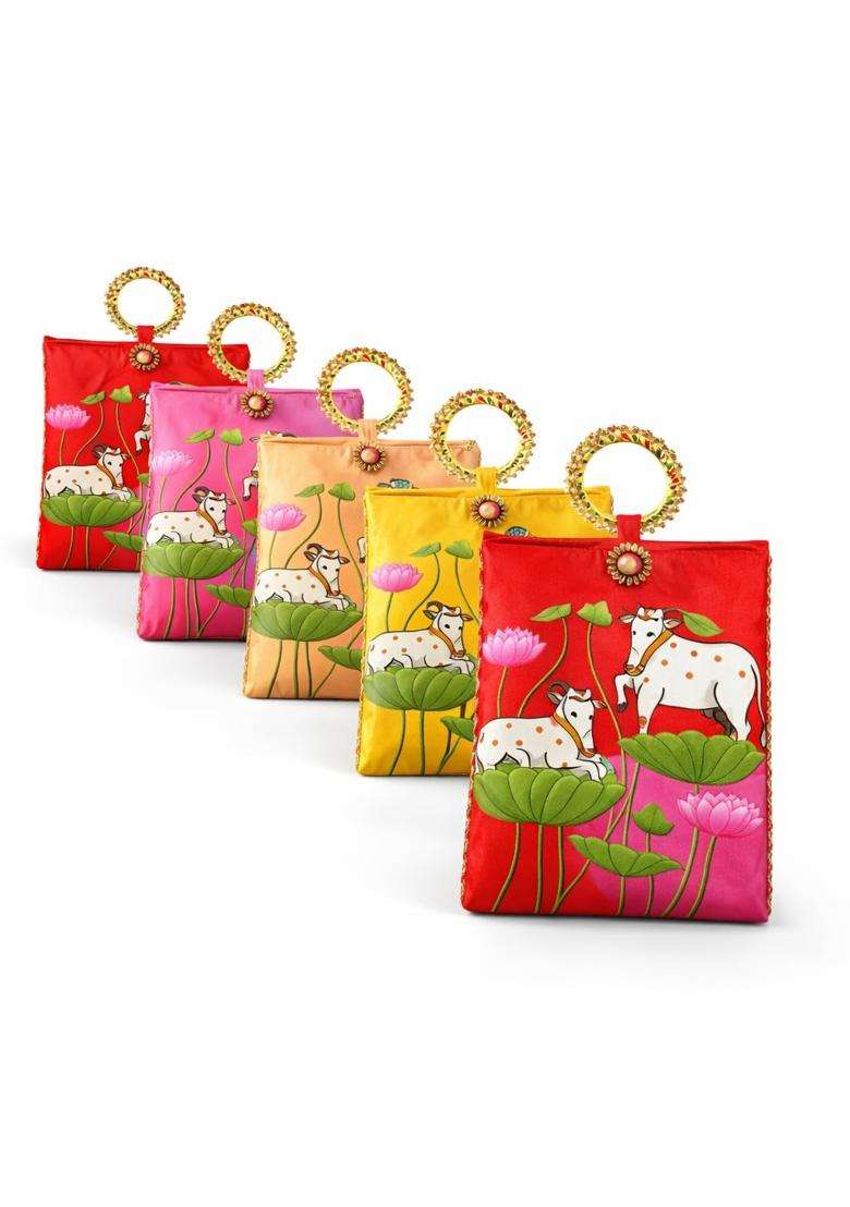 Visudh Pichwai Art Potli Bags with Beaded Handles for Wedding and Festive Gifting Pack of 6 - Indya