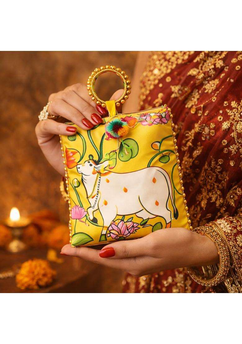 Visudh Pichwai Art Potli Bags with Beaded Handles for Wedding and Festive Gifting Pack of 6 - Indya