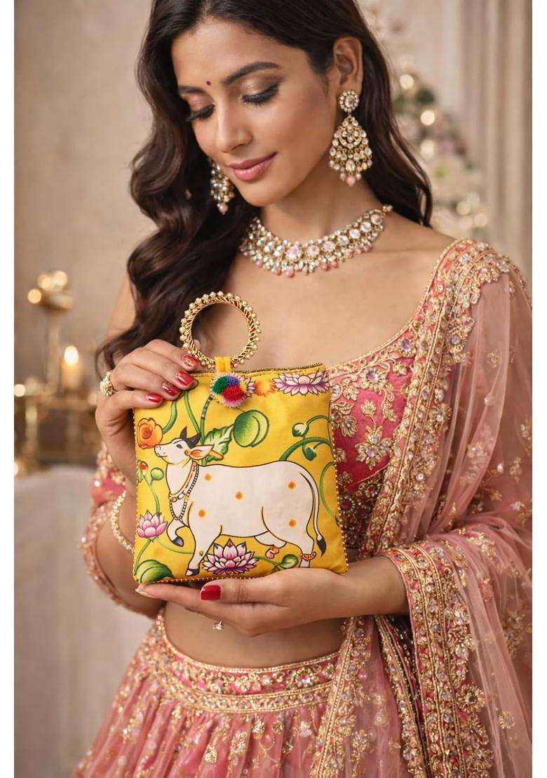 Visudh Pichwai Art Potli Bags with Beaded Handles for Wedding and Festive Gifting Pack of 6 - Indya