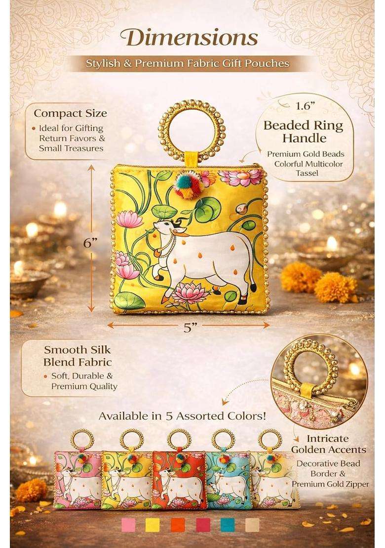 Visudh Pichwai Art Potli Bags with Beaded Handles for Wedding and Festive Gifting Pack of 6 - Indya