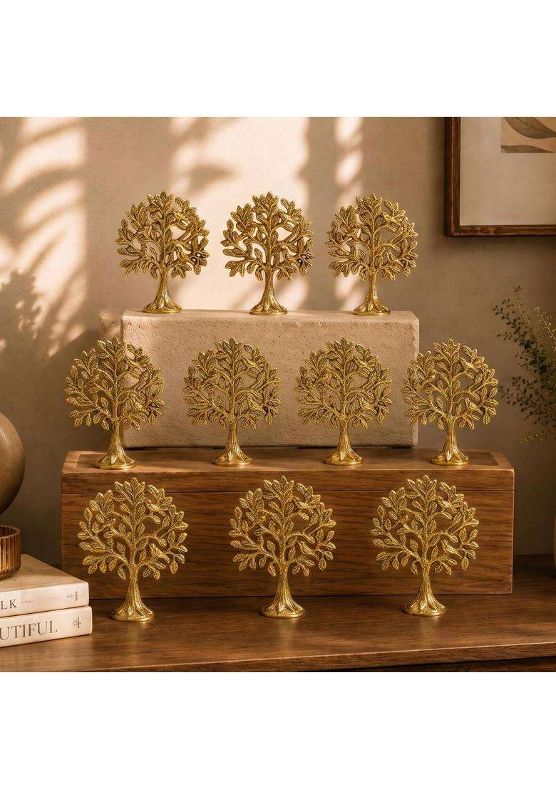 Behoma Gold 100 Percent Pure Brass 8 and Half CM Kalpvriksh Tree with Birds Set Set of 10 - Indya