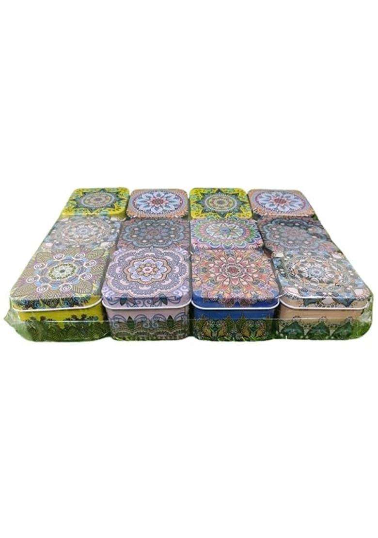 Decorative Metal Storage Tins with Mandala Design Multi Color Round 3 Inch Diameter Square Set of 12 - Indya