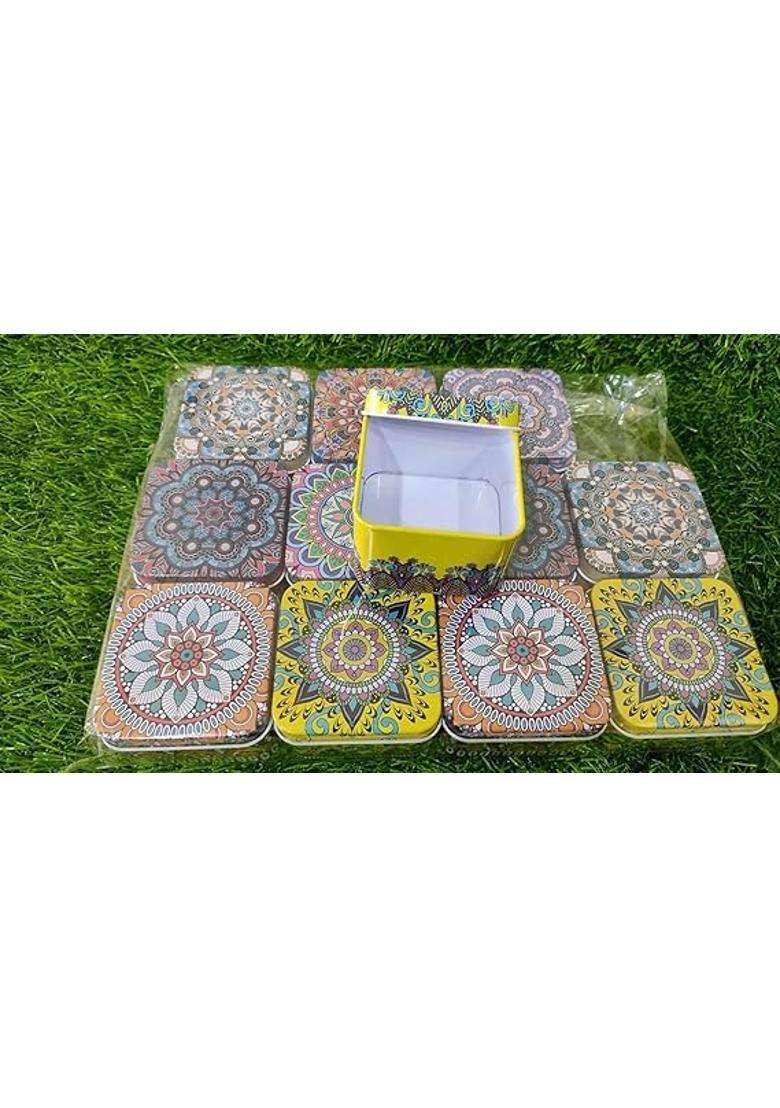 Decorative Metal Storage Tins with Mandala Design Multi Color Round 3 Inch Diameter Square Set of 12 - Indya