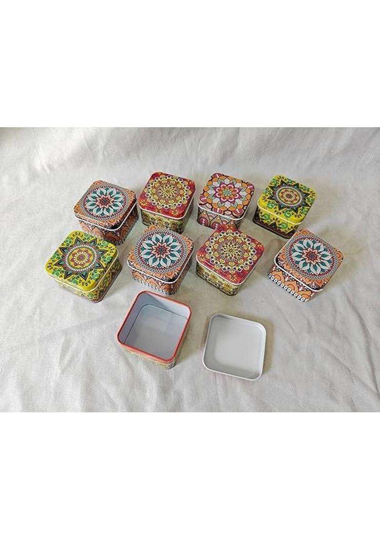 Decorative Metal Storage Tins with Mandala Design Multi Color Round 3 Inch Diameter Square Set of 12 - Indya