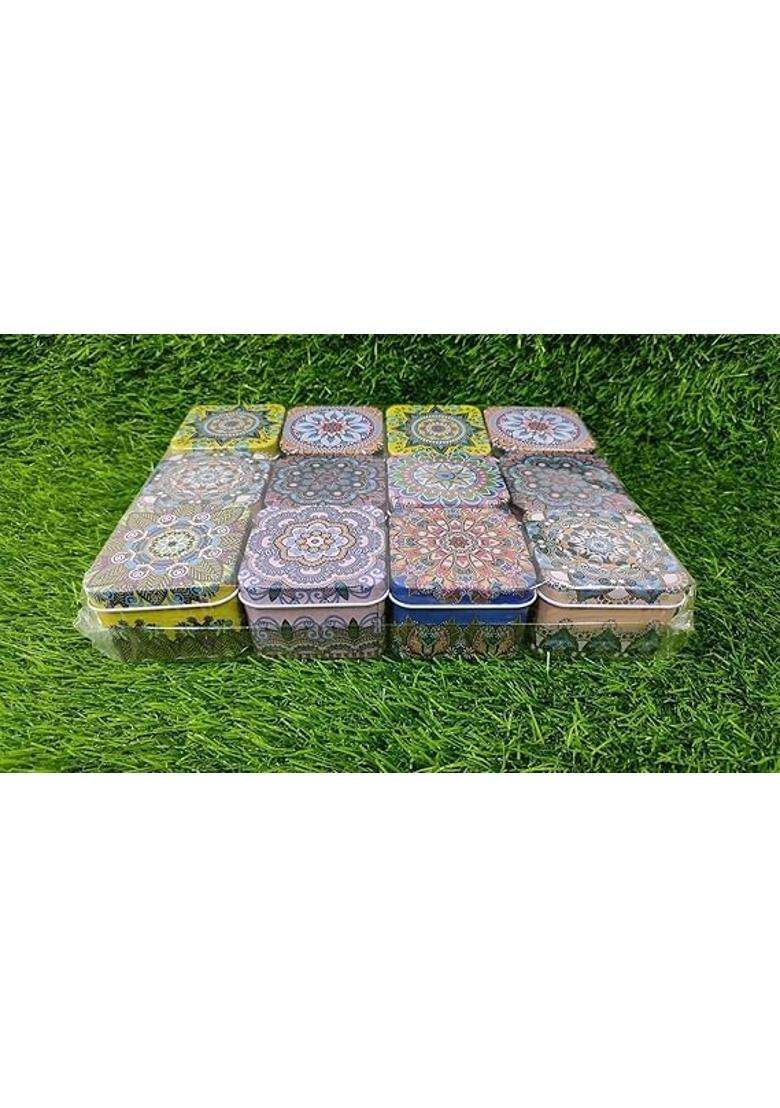 Decorative Metal Storage Tins with Mandala Design Multi Color Round 3 Inch Diameter Square Set of 12 - Indya