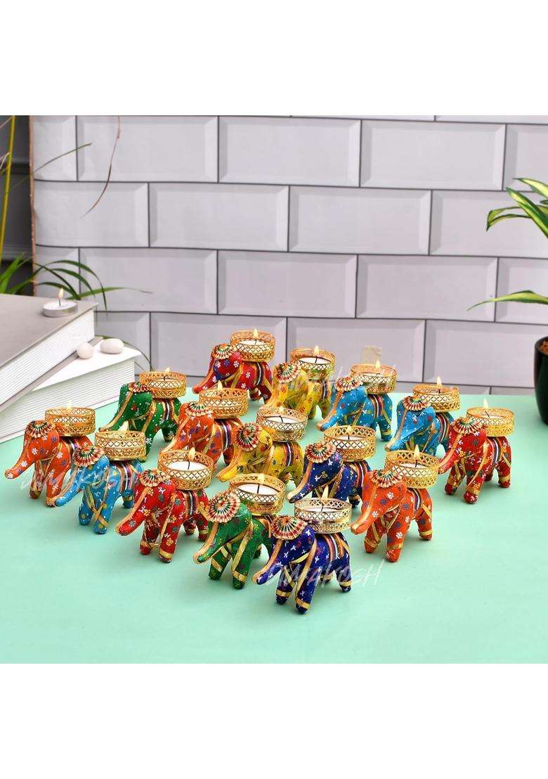 Divyakosh Metal Diwali Multicolor Elephant Tea Light Holder Pcs Ganpati Decoration Set of 15 - Indya