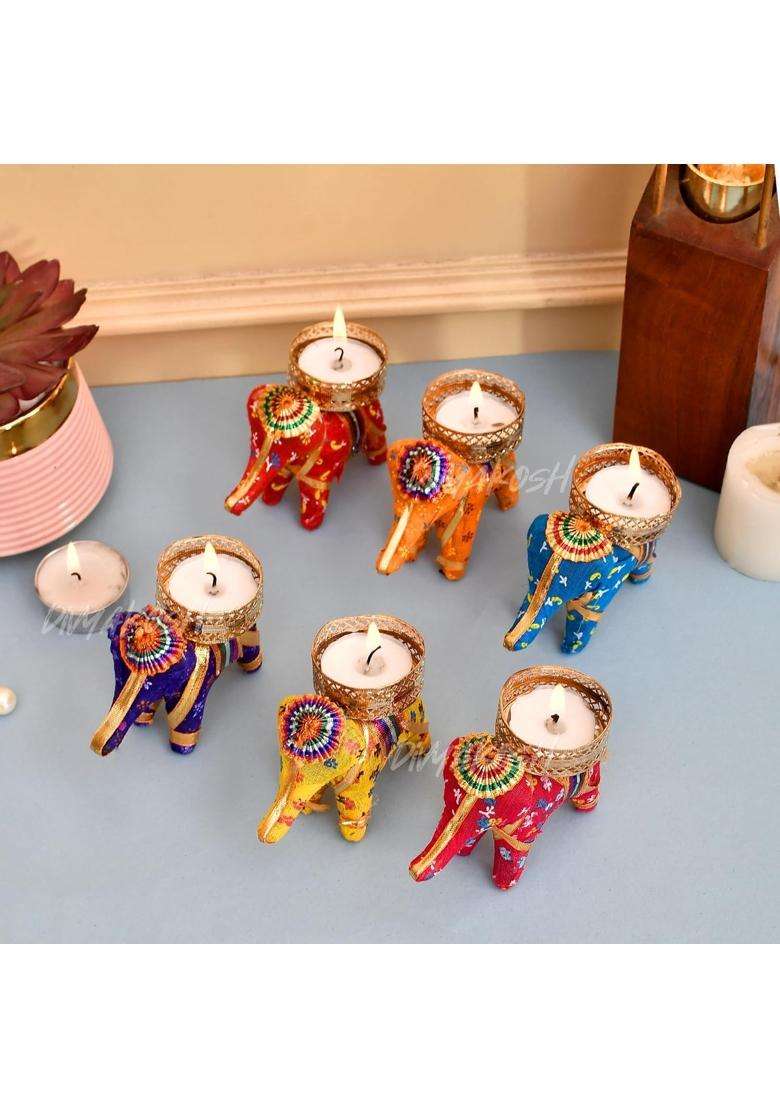 Divyakosh Metal Diwali Multicolor Elephant Tea Light Holder Pcs Ganpati Decoration Set of 15 - Indya