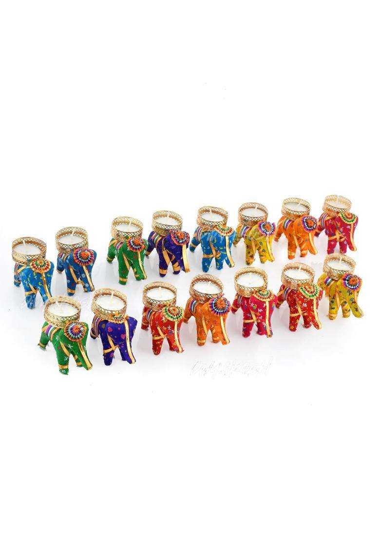 Divyakosh Metal Diwali Multicolor Elephant Tea Light Holder Pcs Ganpati Decoration Set of 15 - Indya