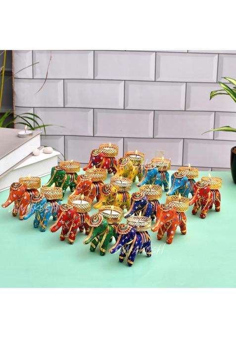 Divyakosh Metal Diwali Multicolor Elephant Tea Light Holder Pcs Ganpati Decoration Set of 15