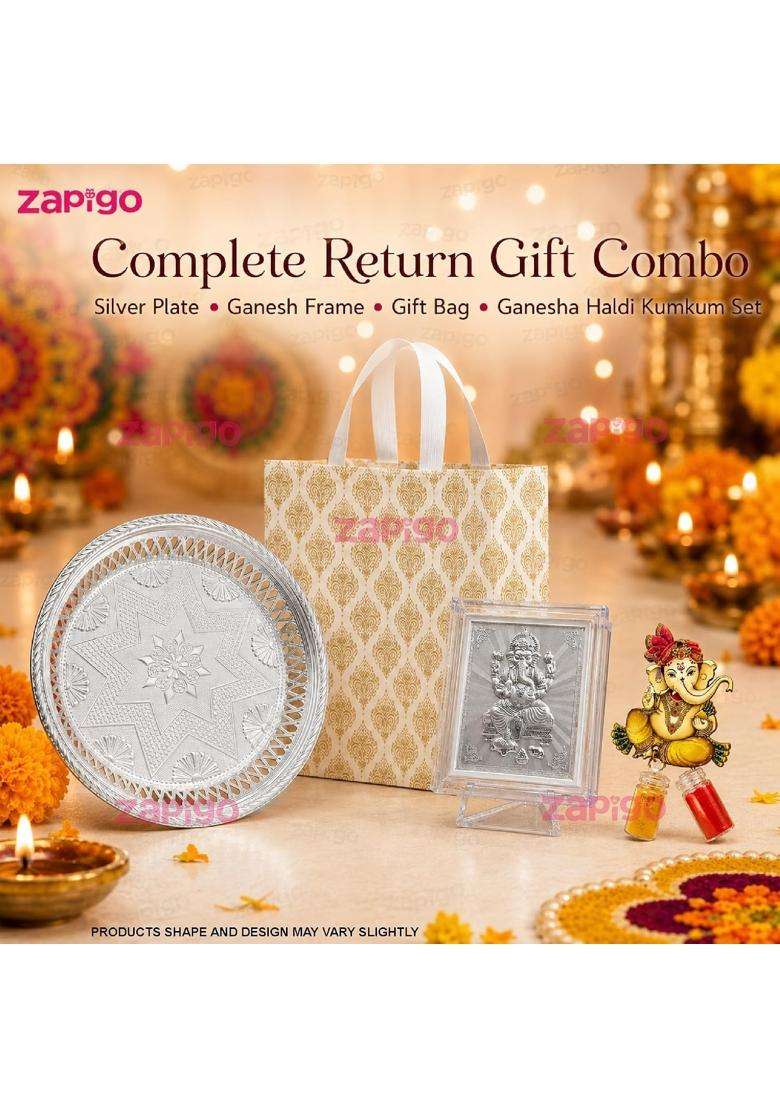 Habba Ganesha Frame Pooja Return Gift Combo with Ganesha Kumkum Silver Plate and Festive Bag Pack of 5 - Indya