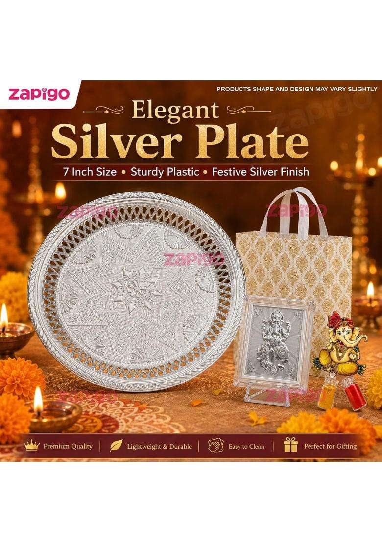 Habba Ganesha Frame Pooja Return Gift Combo with Ganesha Kumkum Silver Plate and Festive Bag Pack of 5 - Indya