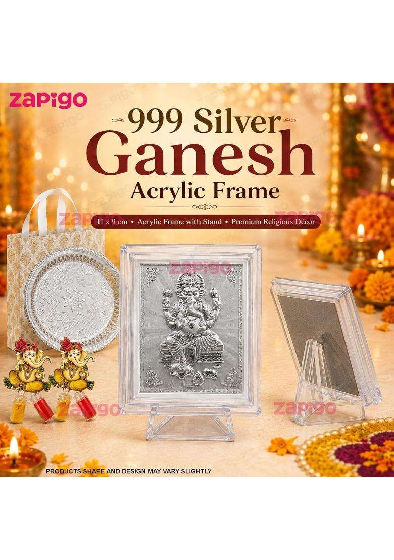 Habba Ganesha Frame Pooja Return Gift Combo with Ganesha Kumkum Silver Plate and Festive Bag Pack of 5 - Indya