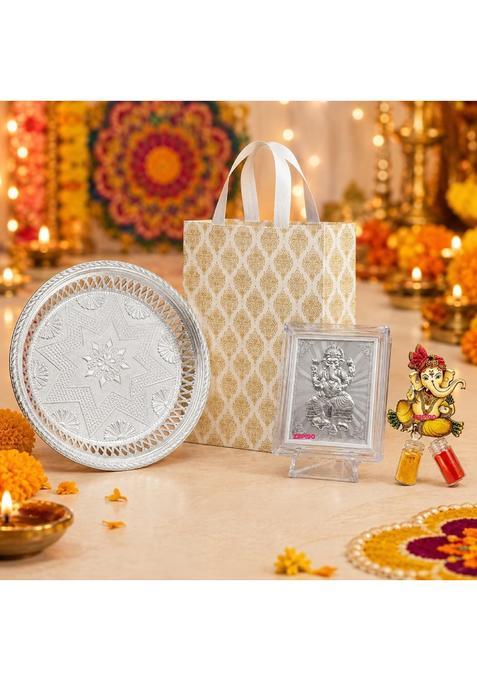 Habba Ganesha Frame Pooja Return Gift Combo with Ganesha Kumkum Silver Plate and Festive Bag Pack of 5