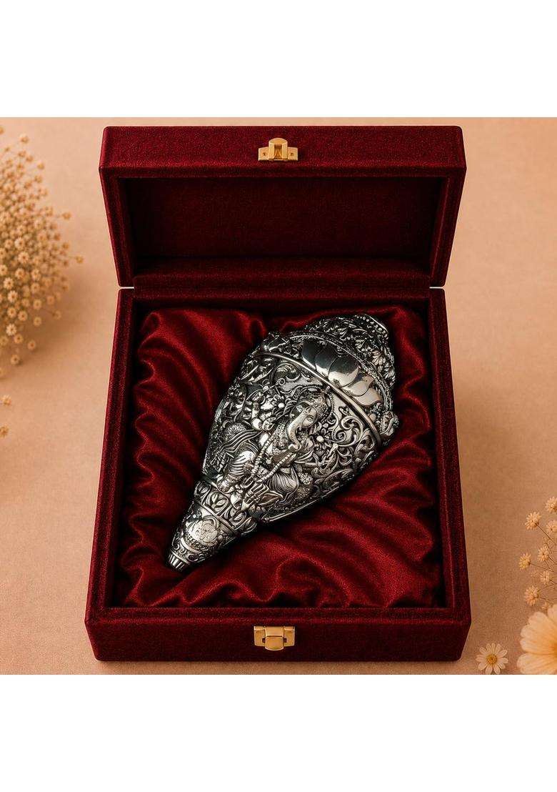 Diviniti 999 Silver Plated Sacred Ganesha Shankh with Luxury Velvet Gift Box - Indya