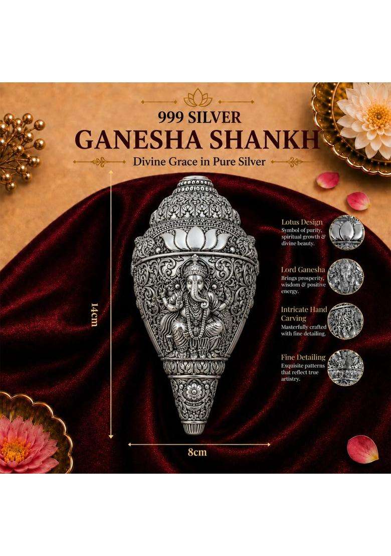 Diviniti 999 Silver Plated Sacred Ganesha Shankh with Luxury Velvet Gift Box - Indya